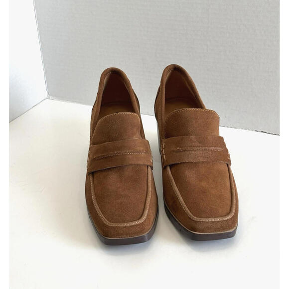 NYDJ Anella Heeled Loafers Women's 8M Cognac Brown Suede Slip On Shoes - Picture 5 of 16